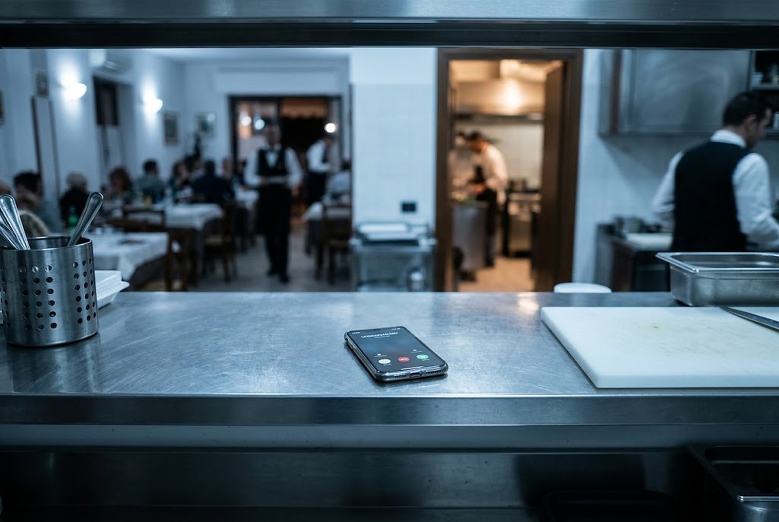 Sala di un ristorante durante il servizio con il telefono che squilla al passe