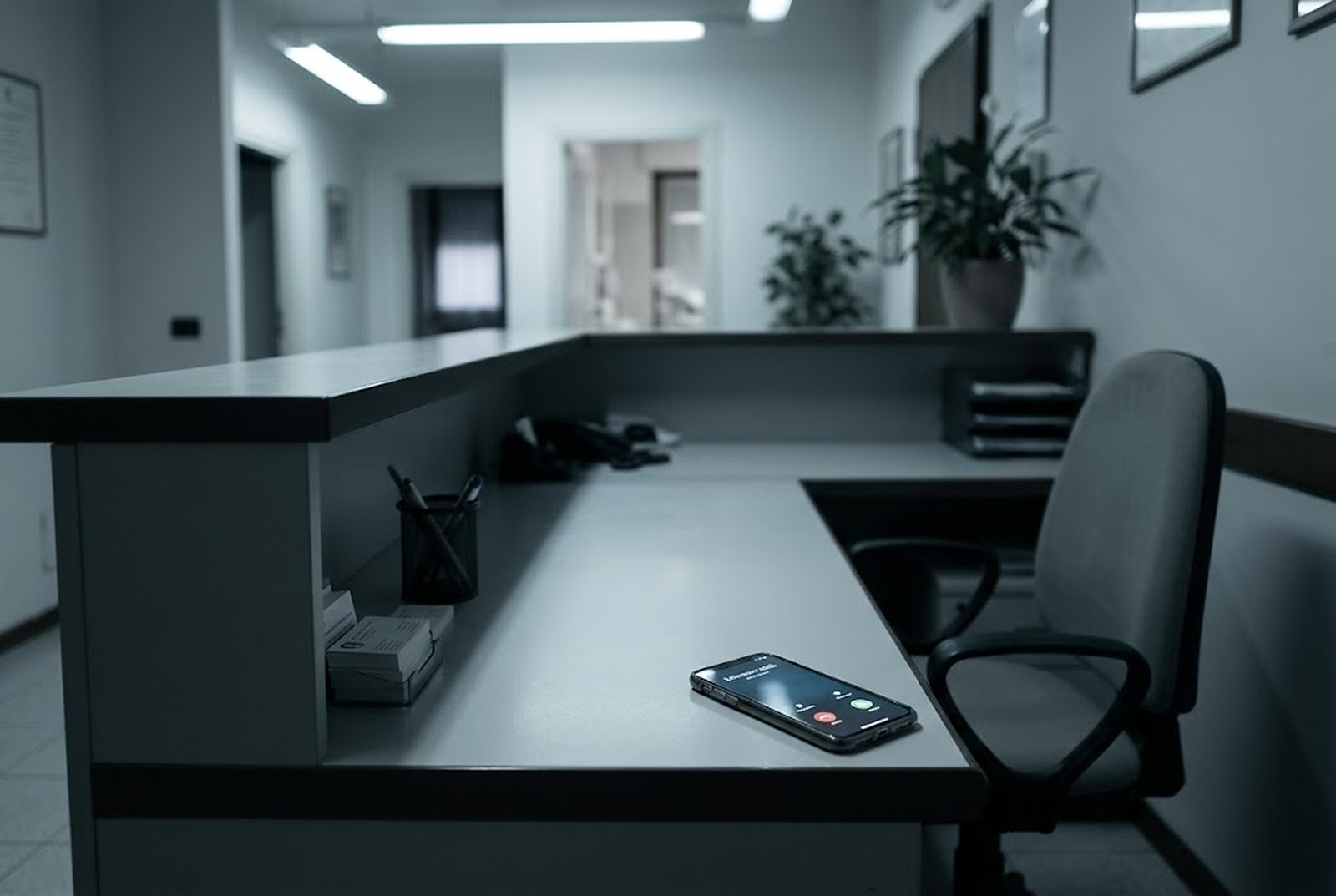 Reception di uno studio dentistico con il telefono che squilla senza risposta